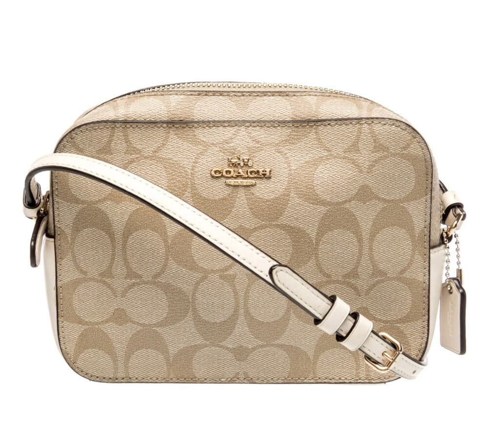 Coach Mini Camera Bag Signature Canvas Khaki Chalk Crossbody